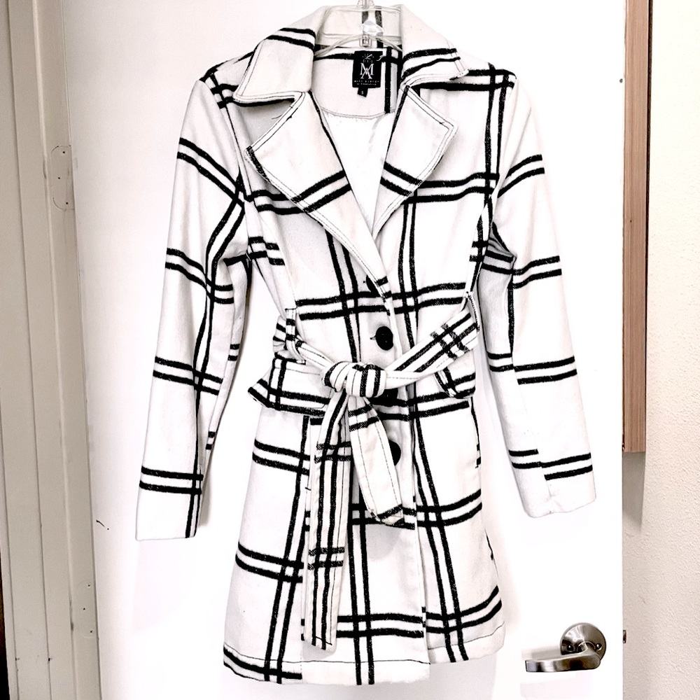 White and Black Plaid Winter Coat